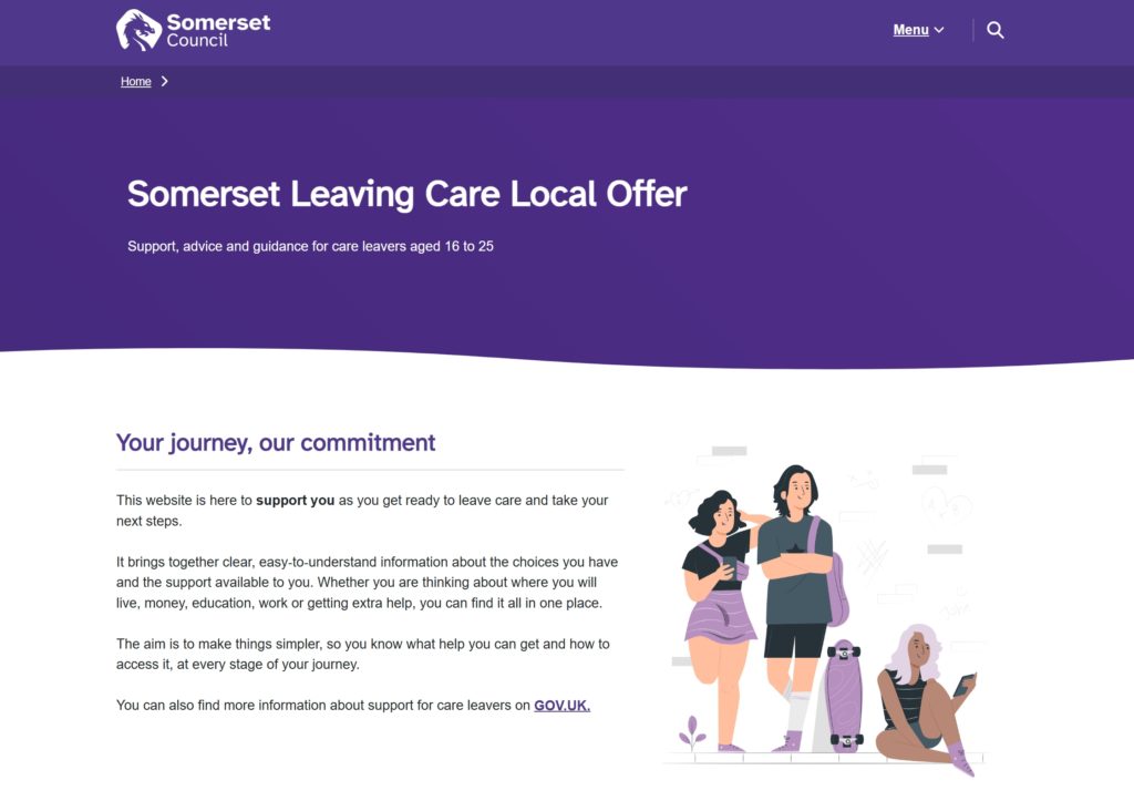 Screenshot of the Somerset Leaving care local offer front page introduction.